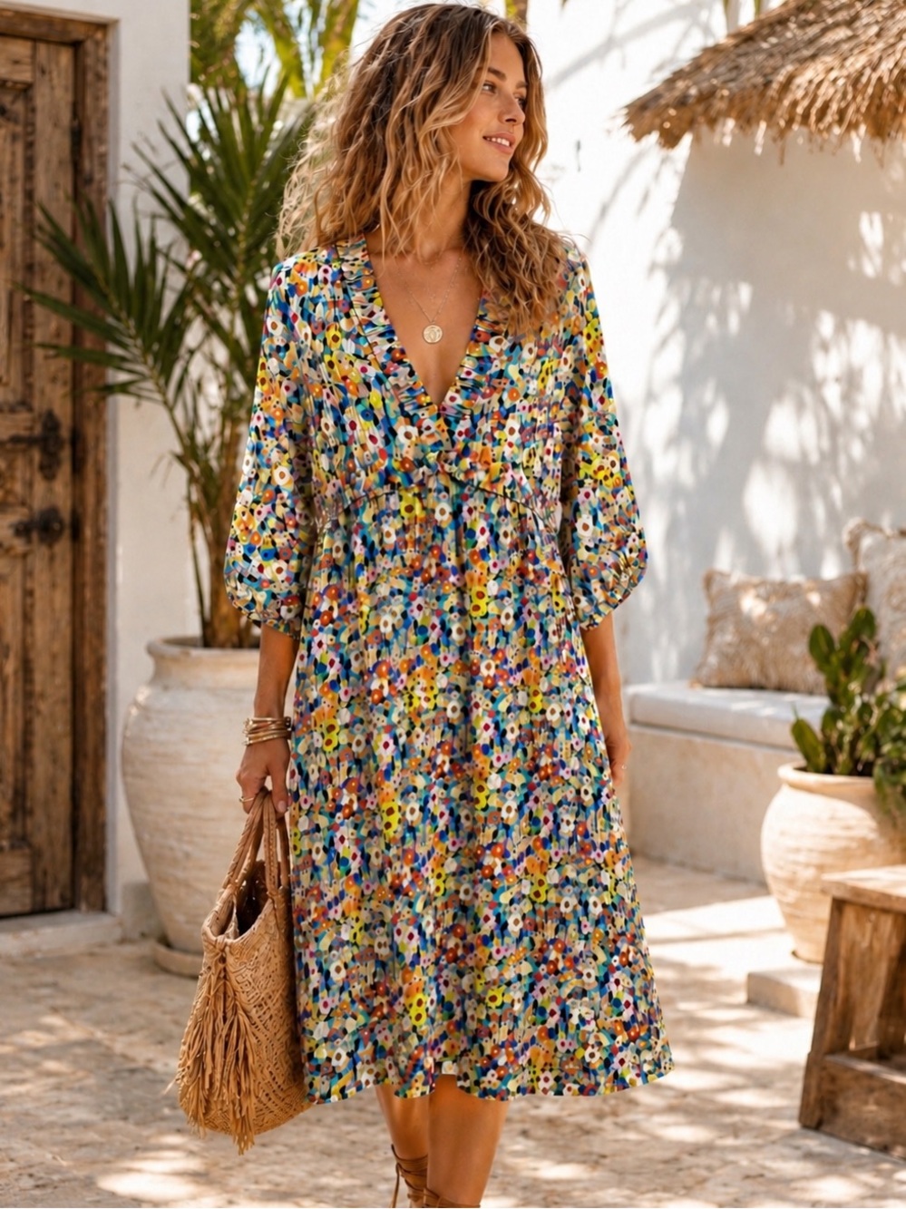 ELF SACK Floral Plissé Midi Dress  Size M Boho V-Neck Balloon Sleeve